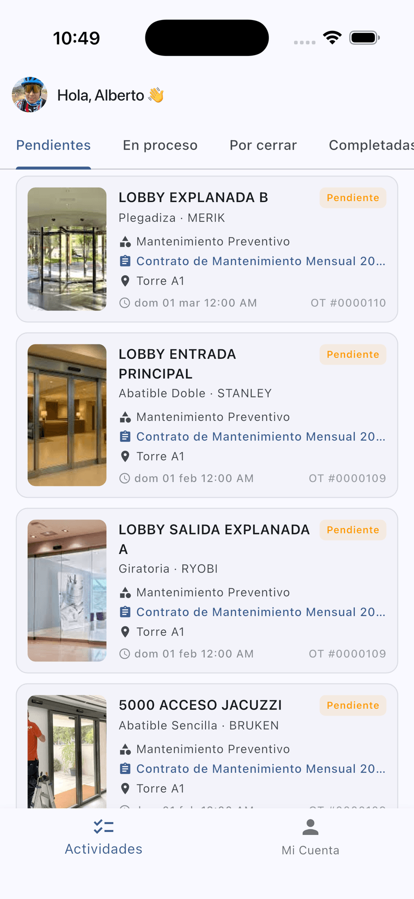 Lista de actividades pendientes del técnico en Fieldu